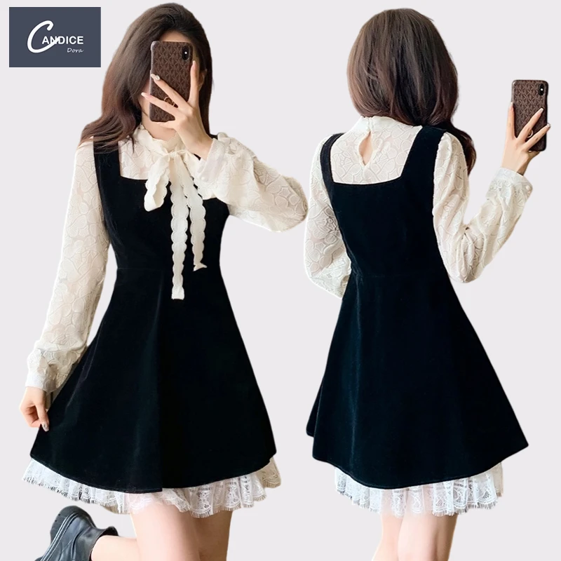 Женское кружевное бархатное платье с длинным рукавом 2024