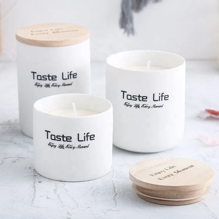 8oz frosted ceramic white candle jar with wooden lid