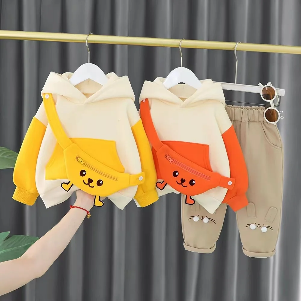 Wholesale 2pcs + waist bag korean style thick girls and boys outwear cartoon kids clothes suit clothing kids