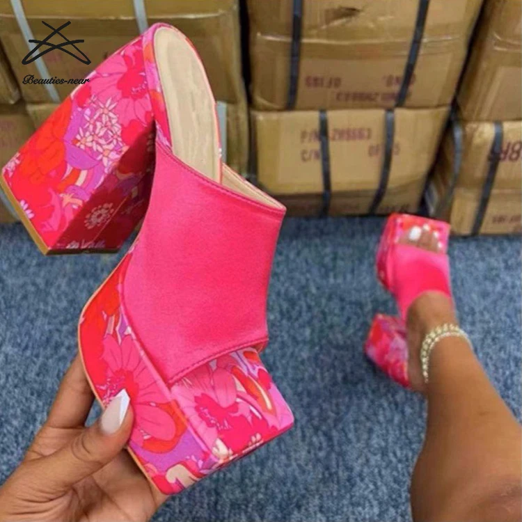 2024 New Women Square Toe Thick Sole Big Chunky High Heels Ladies Wedge Platform Sandals Stripper Shoes Slide Sandals Shoes
