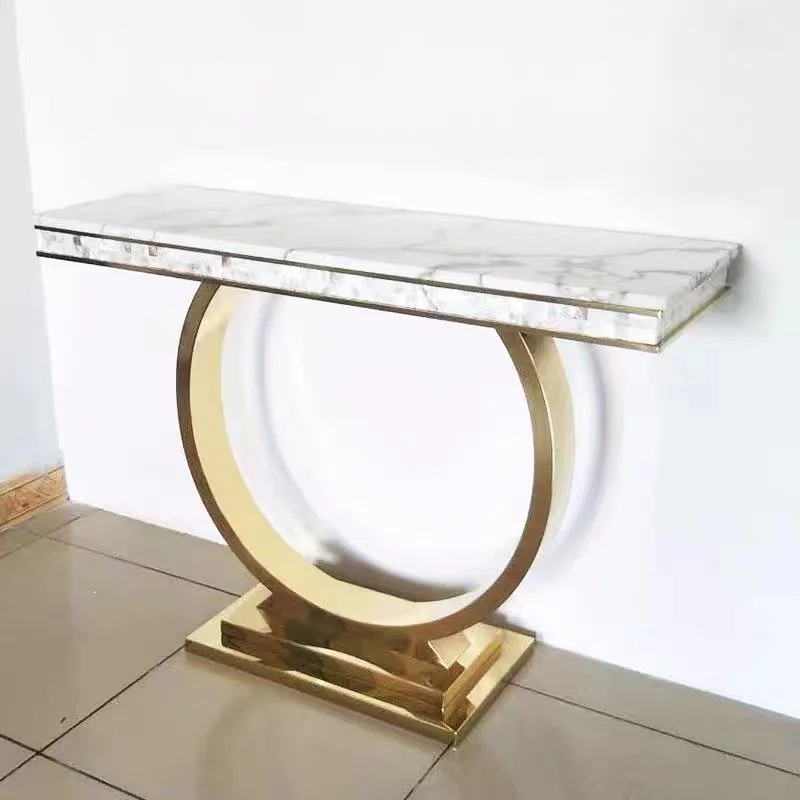 The new design golden mirror modern luxury marble entrance console with mirror laser elegant white silk metal objects