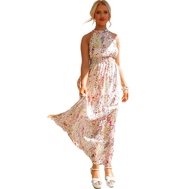 Latest Design Summer Dress Sleeveless Backless Spaghetti Strap Printed Dress Slim Fit Casual Maxi Dress