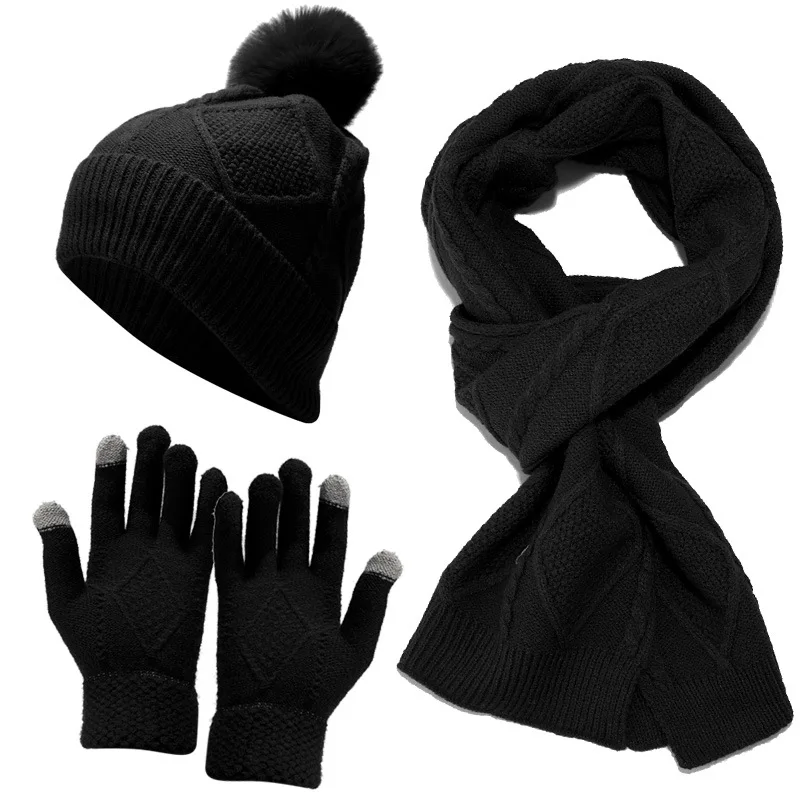 Custom Private Brand Women Men Pom Pom Beanie Long Scarf Touchscreen Gloves Winter Knitted Hat Scarf Gloves 3 in 1 Set