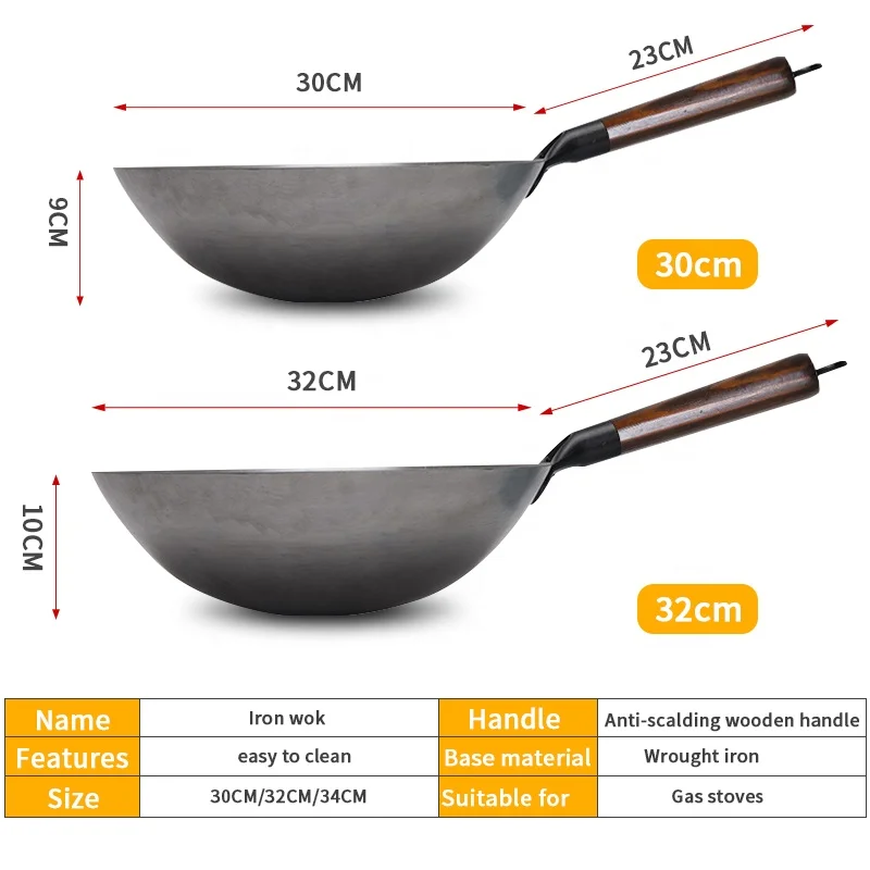 Traditional Iron Wok Nonstick Woks Hand Forged for Kitchen Panwooden Handle Wok Kitchen Gas Pot Cookware