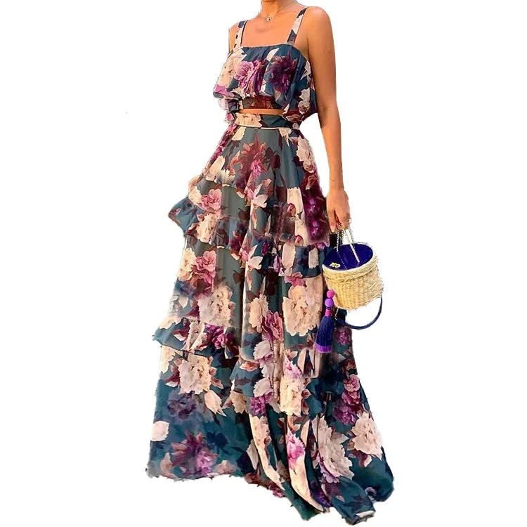 
Summer fashion long floral ladies Sundress Pleated Floral Printed Sexy Slip Maxi Dress 