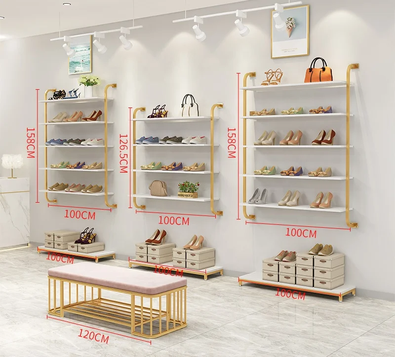 Stainless Steel Bright Gold Fashion Shop Shoes Bag Display Stand Display Wall Shelf Shoe Racks For Store Display