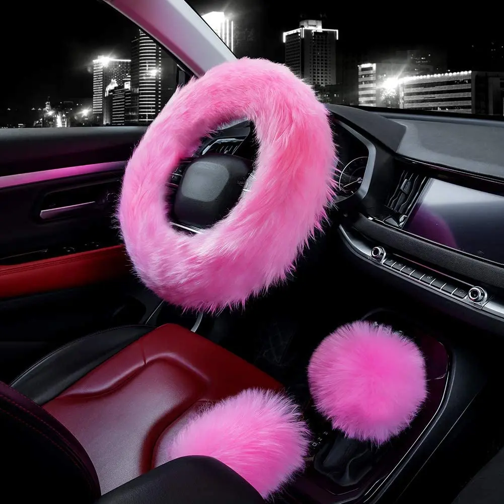 Fluffy Steering Wheel Cover Set, Winter Warm Soft Fur Fuzzy Steering Wheel Covers for Women/Girls 15 Inch Universal