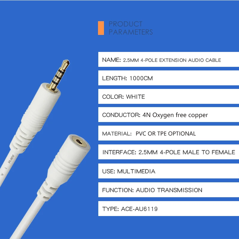 4-pole 3.5 mm 2.5mm Jack Male to female Stereo Audio Headphone Aux Cable