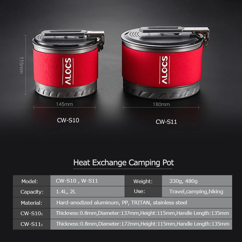 Alocs CW-S10 Outdoor Heat Exchange Camping Cooking Pot Cookware Folding Handle For Hiking Backpacking Picnic