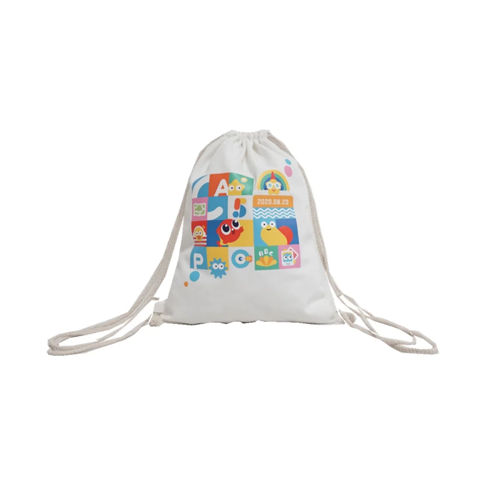 Recyclable white calico canvas cotton drawstring backpacks with logo for wholesale soft material drawstring school bags for kids