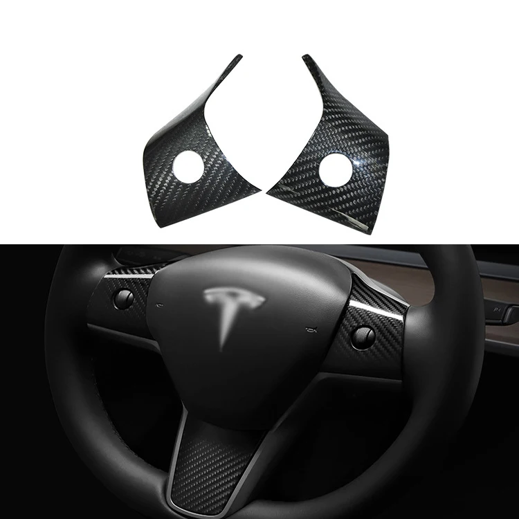 
3pcs Auto Parts For Tesla Model 3 Real Carbon Car Inner Accessories Steering Wheel Button Carbon Fiber Cover Trim 