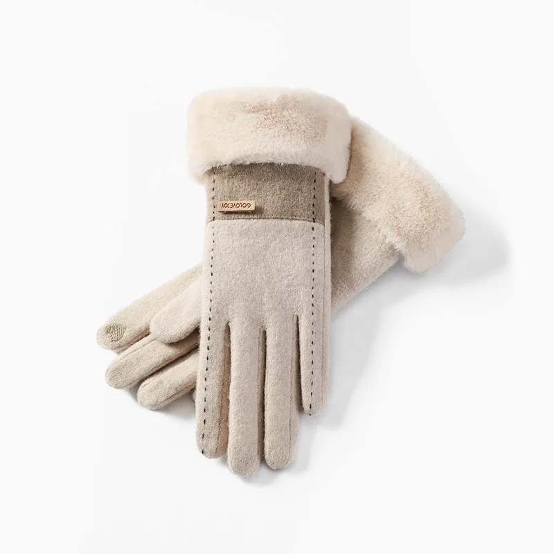 Winter wool gloves for women touch screen plus velvet, windproof and cold-proof plush warm cashmere gloves