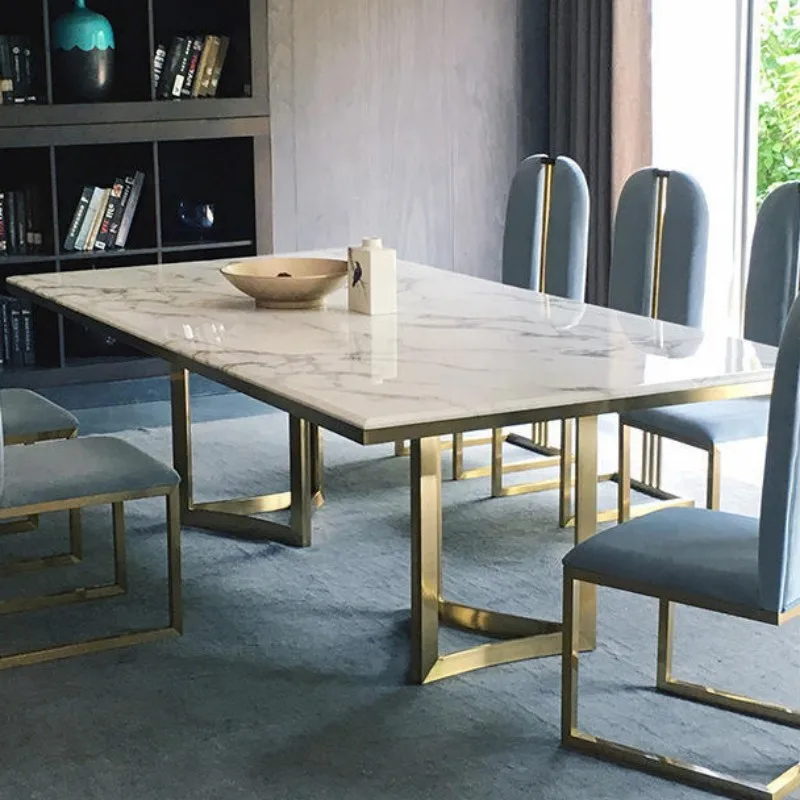 Modern Luxury Golden Stainless Steel Dining Table with Marble Top Sintered Stone for Room Furniture Set