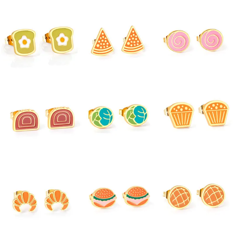 Creative Cute Stainless Steels Pizzas Croissant Bakery eggplant Cute Earrings Funny Hamburger Stud Earring For Children Kid