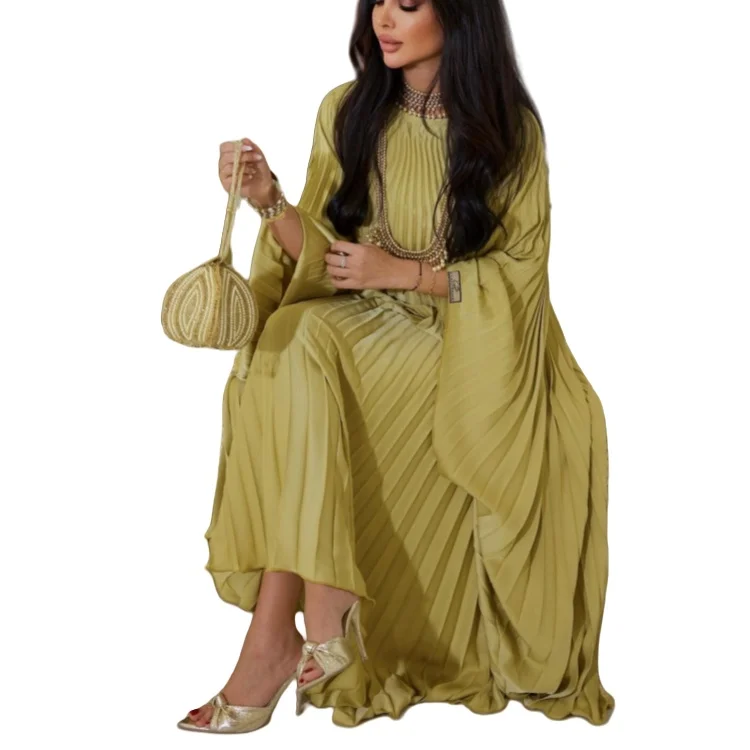 Fashion pleated robe solid color big swing dress plus-size dress Arab Dubai Muslim women islamic women clothes