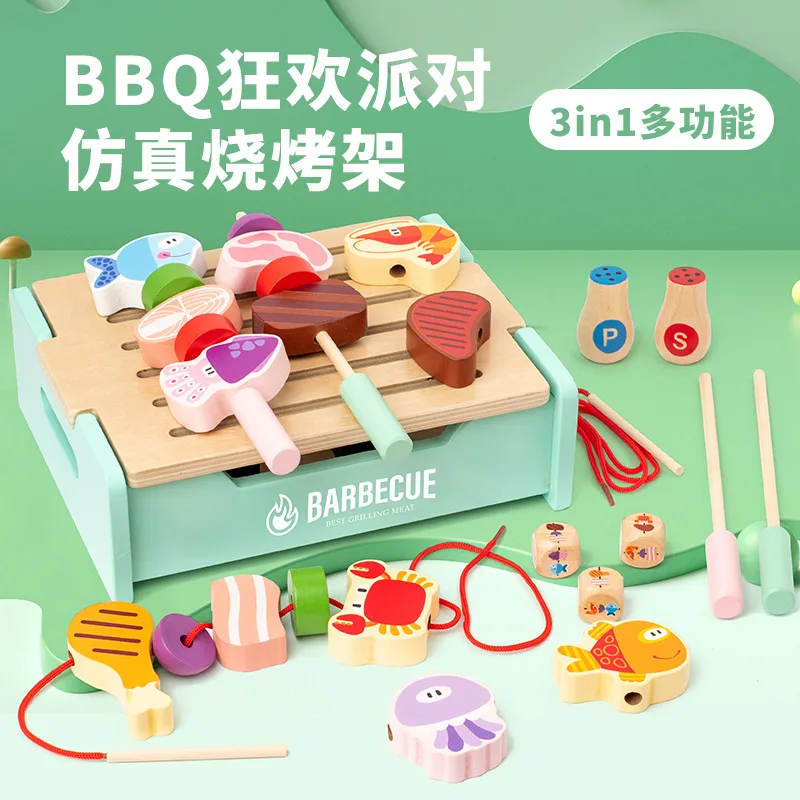 2023 Wooden Pretend Barbecue Grill Play Kitchen Set Cooking Gift for Girls and Boys