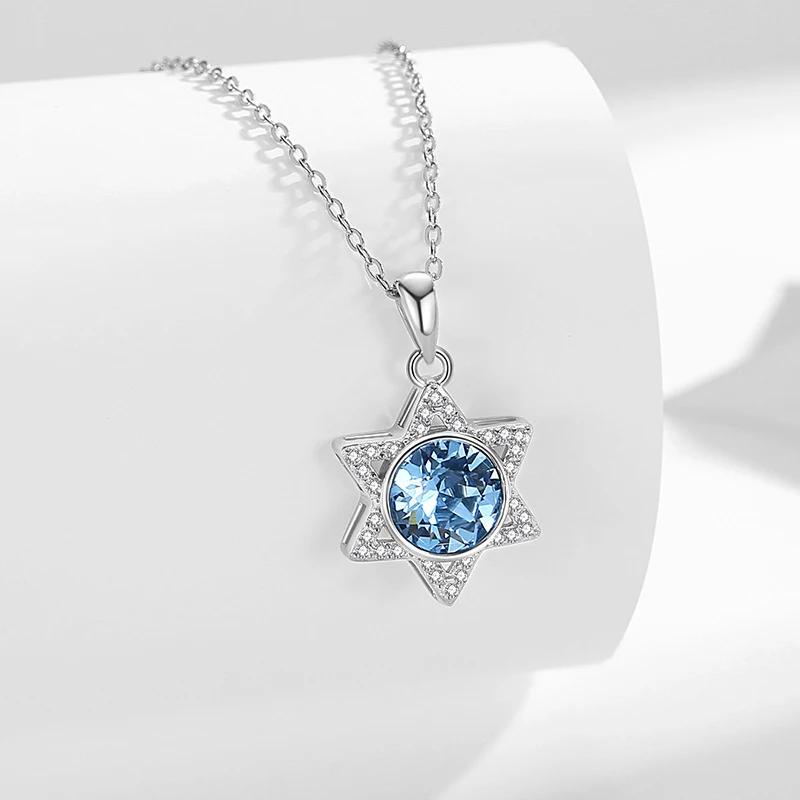 Women Jewish Jewelry 925 Sterling Silver Blue Aquamarine Zircon Star Pendant Star Of David Necklace for Holiday Gifts
