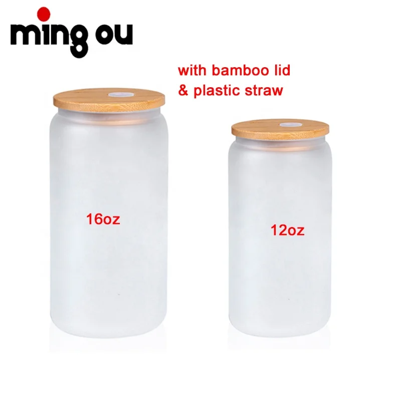 Bamboo Lid and clear Plastic Straw Glass Beer Can12oz 16oz Blank Sublimation Beer Glass Soda Can