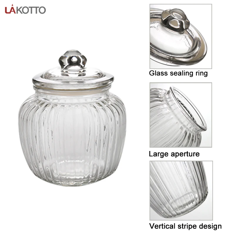 Eco-friendly Large aperture Airtight Preserving Sealed Vertical stripe design Glass Storage Jar Candy Glass Jar With Glass seali