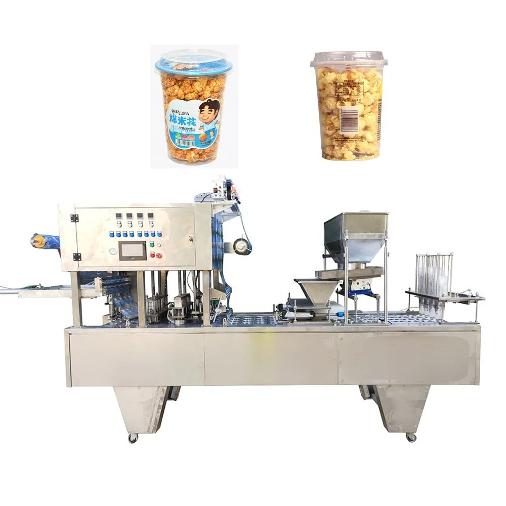 CE Approval Popcorn Potato Chips French Fries Plastic Paper Cup Automatic Filling And Sealing Machine Manufacturer