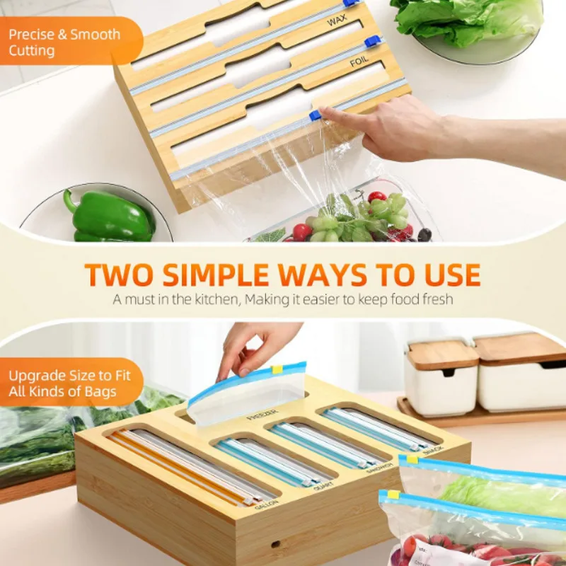Kitchen 9 IN 1 Wooden Drawer Organizers With Plastic Foil Wrap Dispenser Holder Bamboo Ziplock Bag Storage Organizer
