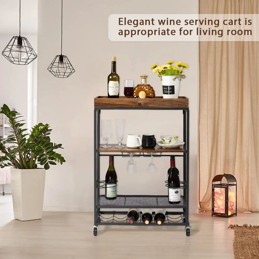 Combohome Folding Wine Cart  Real Wooden Serving Rolling Bar trolley with  Glass Holders & Bottle Shelf for Home Kitchen Rustic