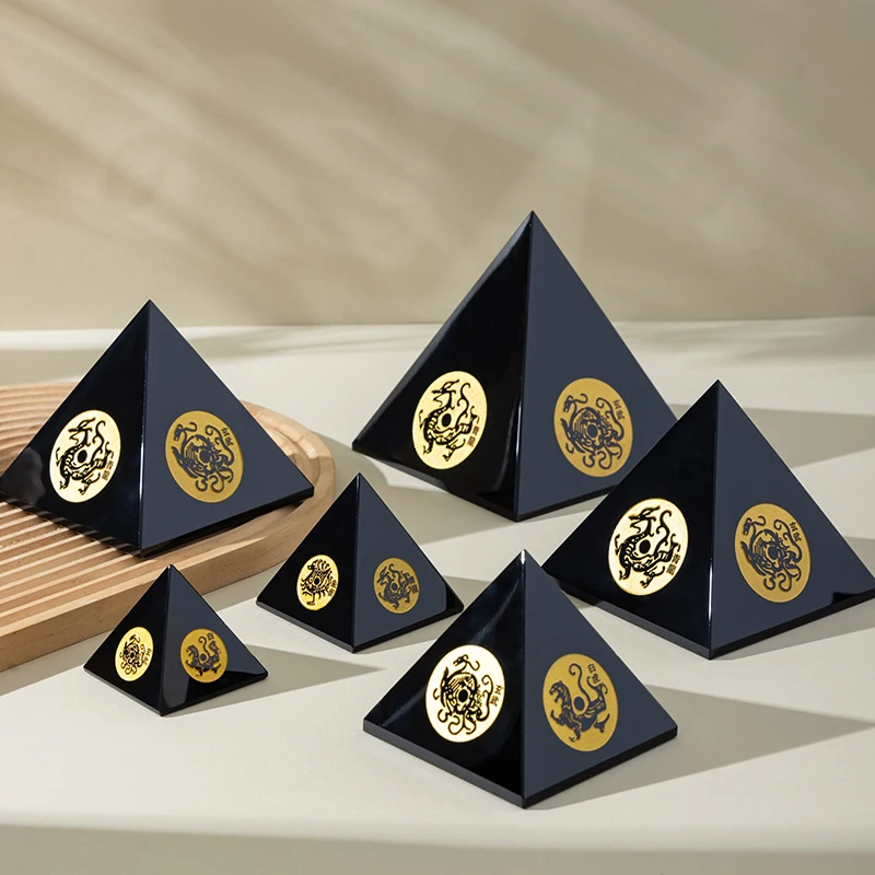 Natural Obsidian Four Divine Beasts Pyramid Ornament for House Protection and Home Decoration - Original Stone Feng Shui Style