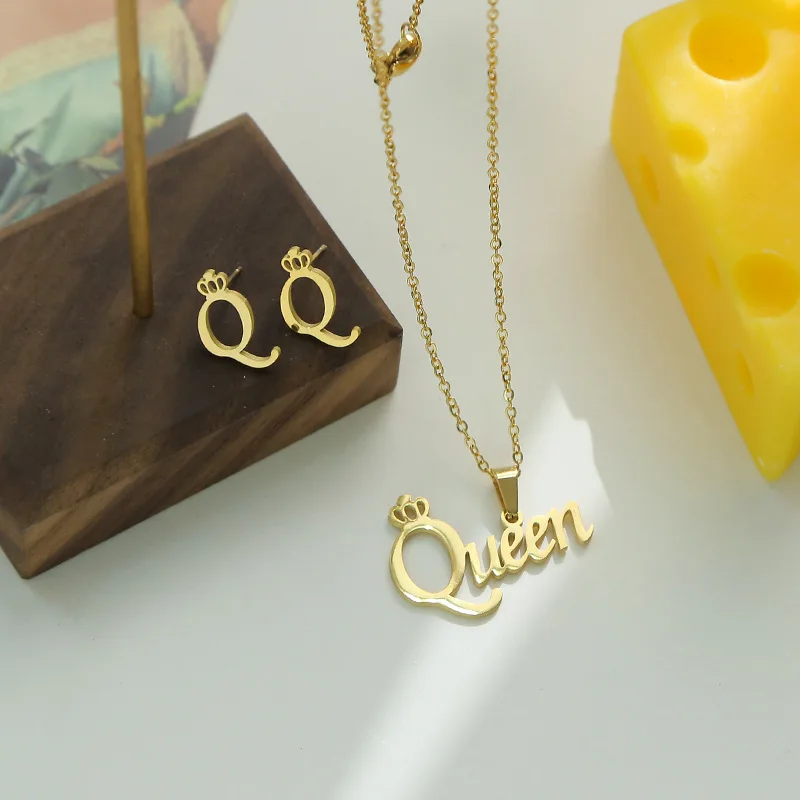 2023 Fashion Dubai 18K Gold Plated Waterproof Stainless Steel King Necklace Earrings Jewelry Set For Women