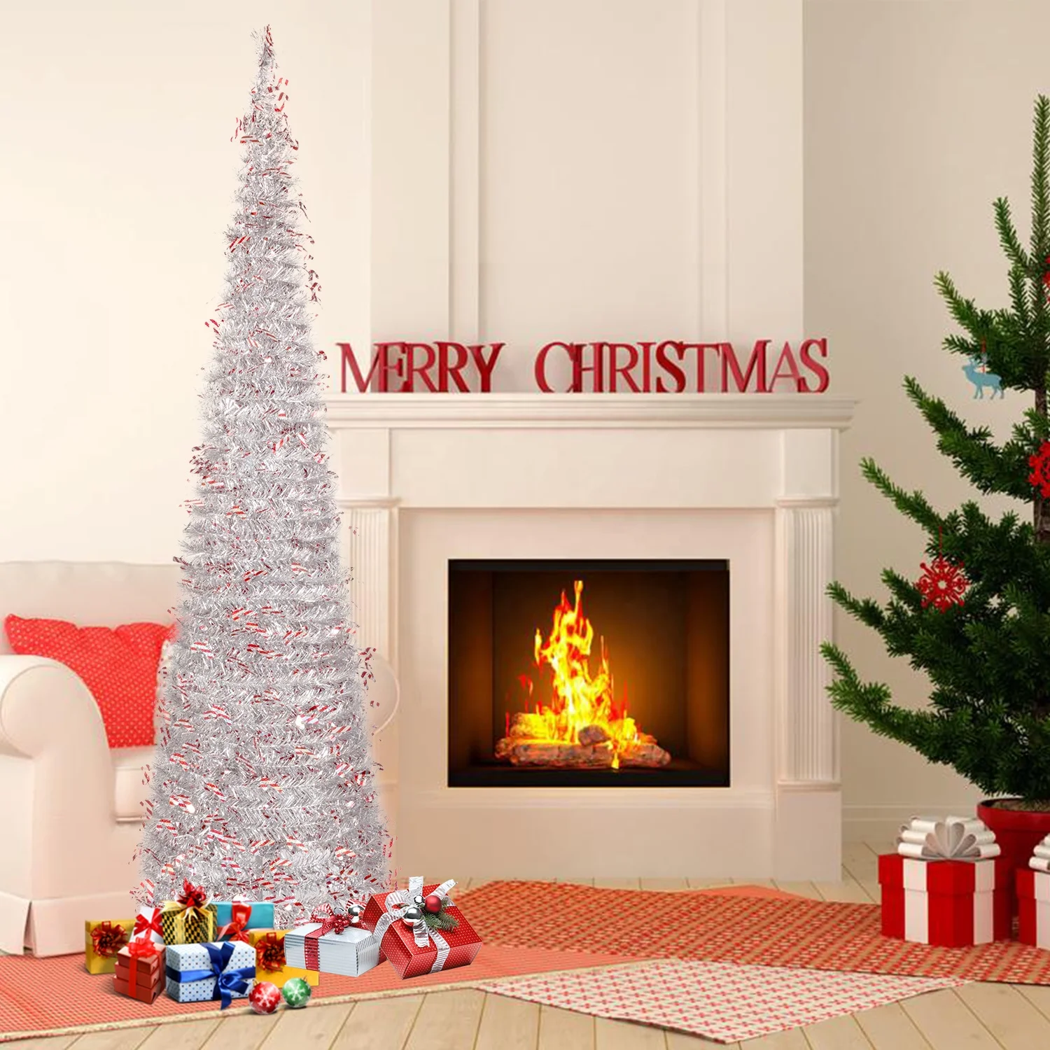 1.8M 6FT White Color Snowflakes Christmas Tree Assembly POP-UP Collapsible Artificial Tinsel for Home Store Xmas Tree Decoration