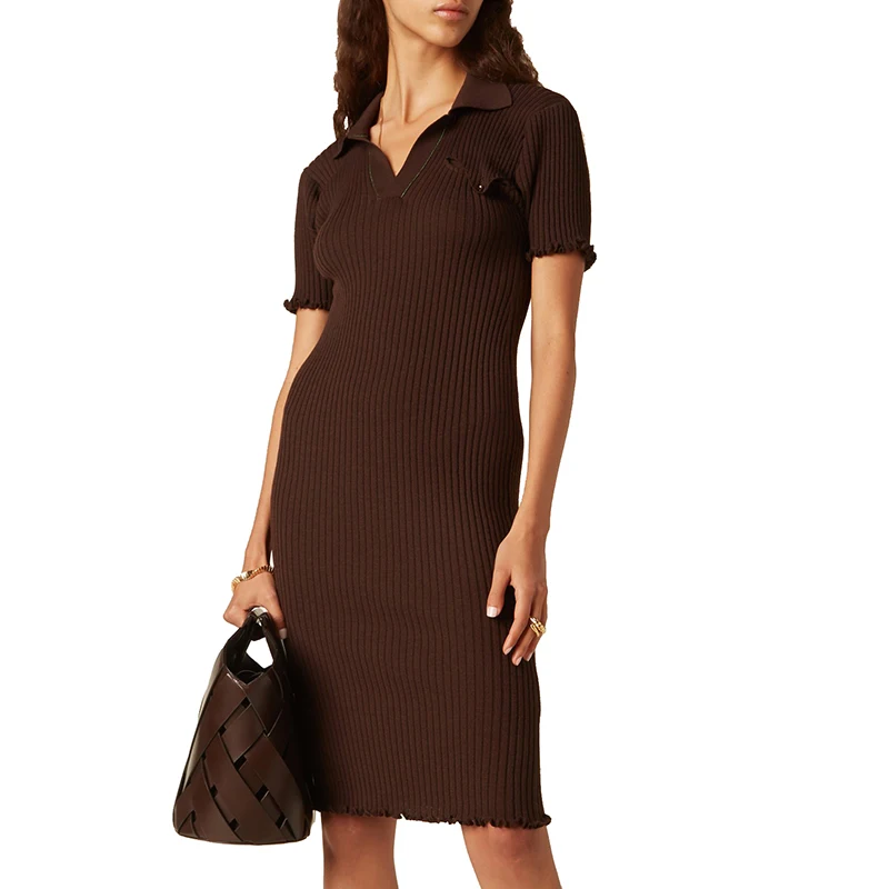 Rib Knit Wool Mid Length Polo Dress Simple Knit Skirt Skinny Ladies Casual Skirt Sweater Dress Ladies Short Sexy Midi Summer