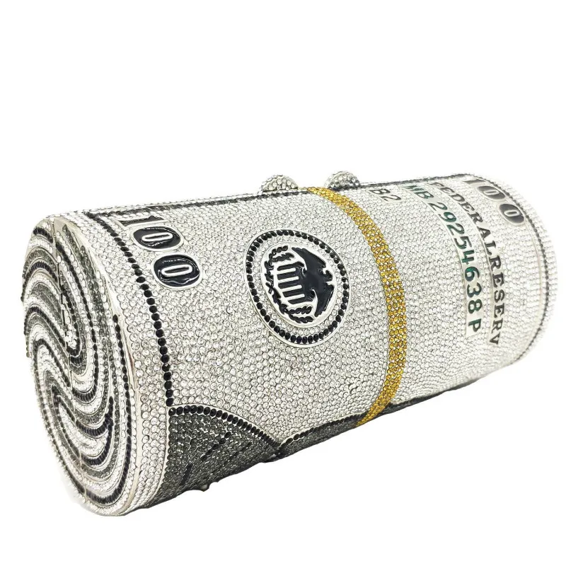  Luxury New Design Woman Roll Diamond Money Bag Purse Clutch 100 Dollar Handbag Ladies Evening Rhinestone