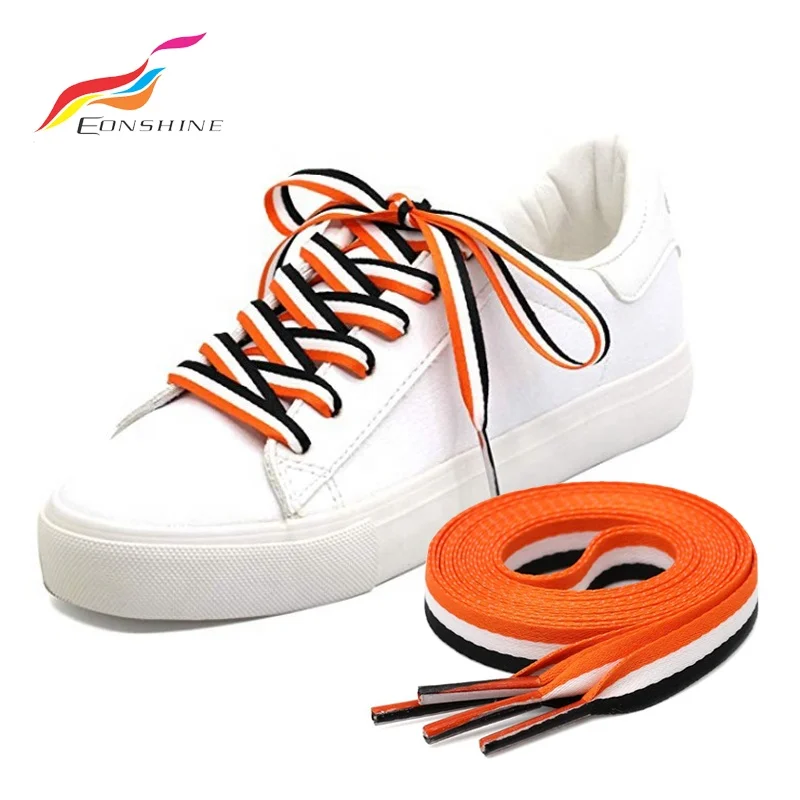 Flat Polyester 3 Color Braided Red White Blue Stripe Shoelaces for Canvas Shoe Laces