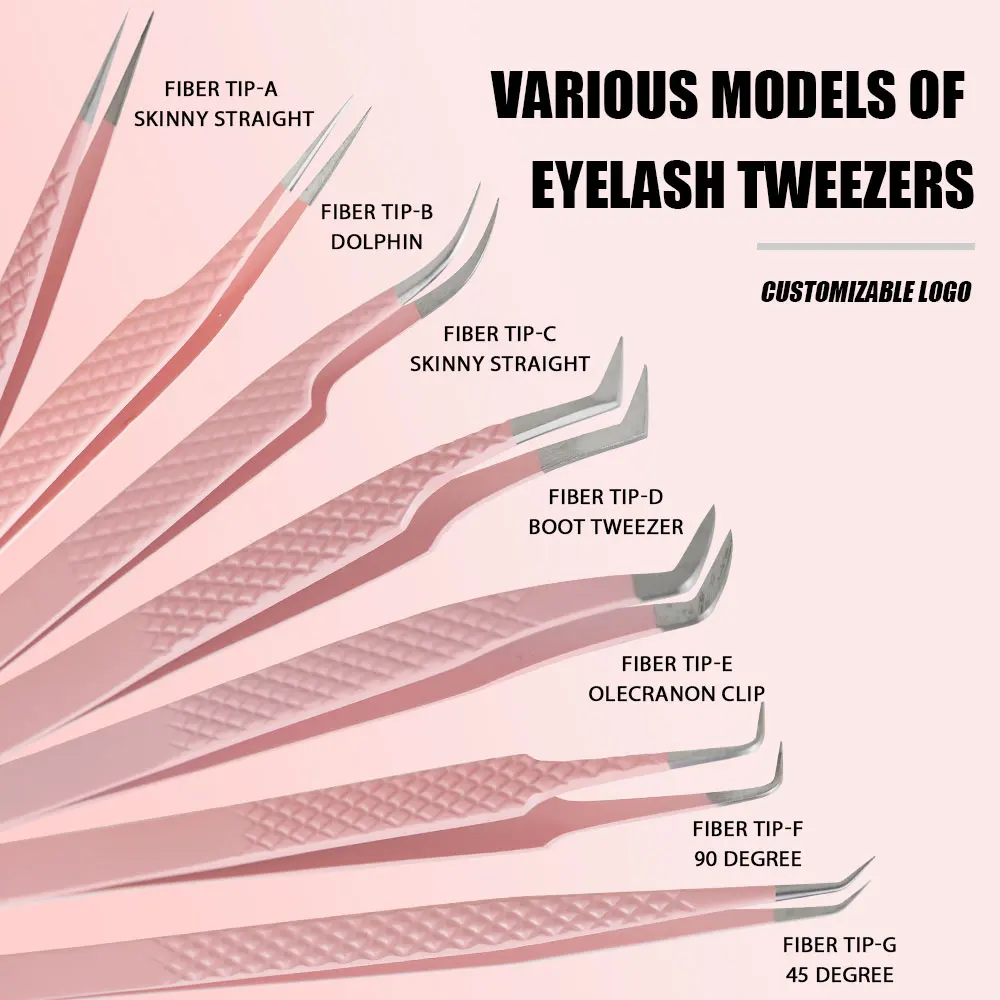 Custom Logo Fiber Tip Lash Tweezers Thin Straight Volume 45 90 Degree Extension Stainless Steel Skinny Boot Tweezers Applicator