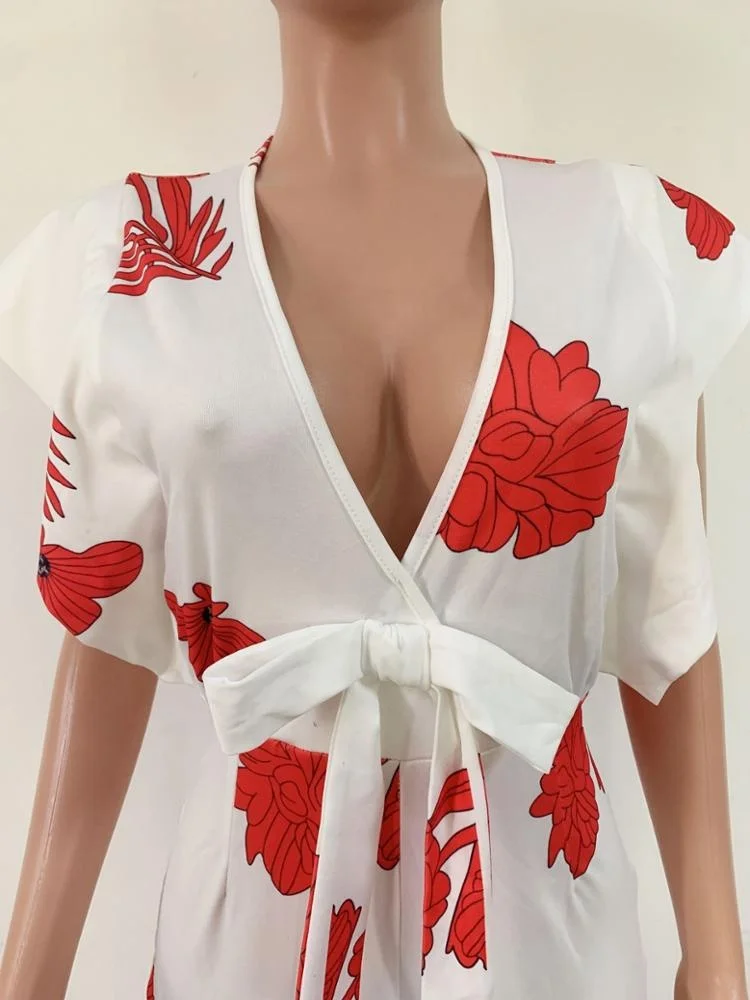 Deep V Wide Leg Pants Jumpsuits Print 2023 New for Women Women Clothing Summer Customized Logo Woven Picture YARN DYED Skinny