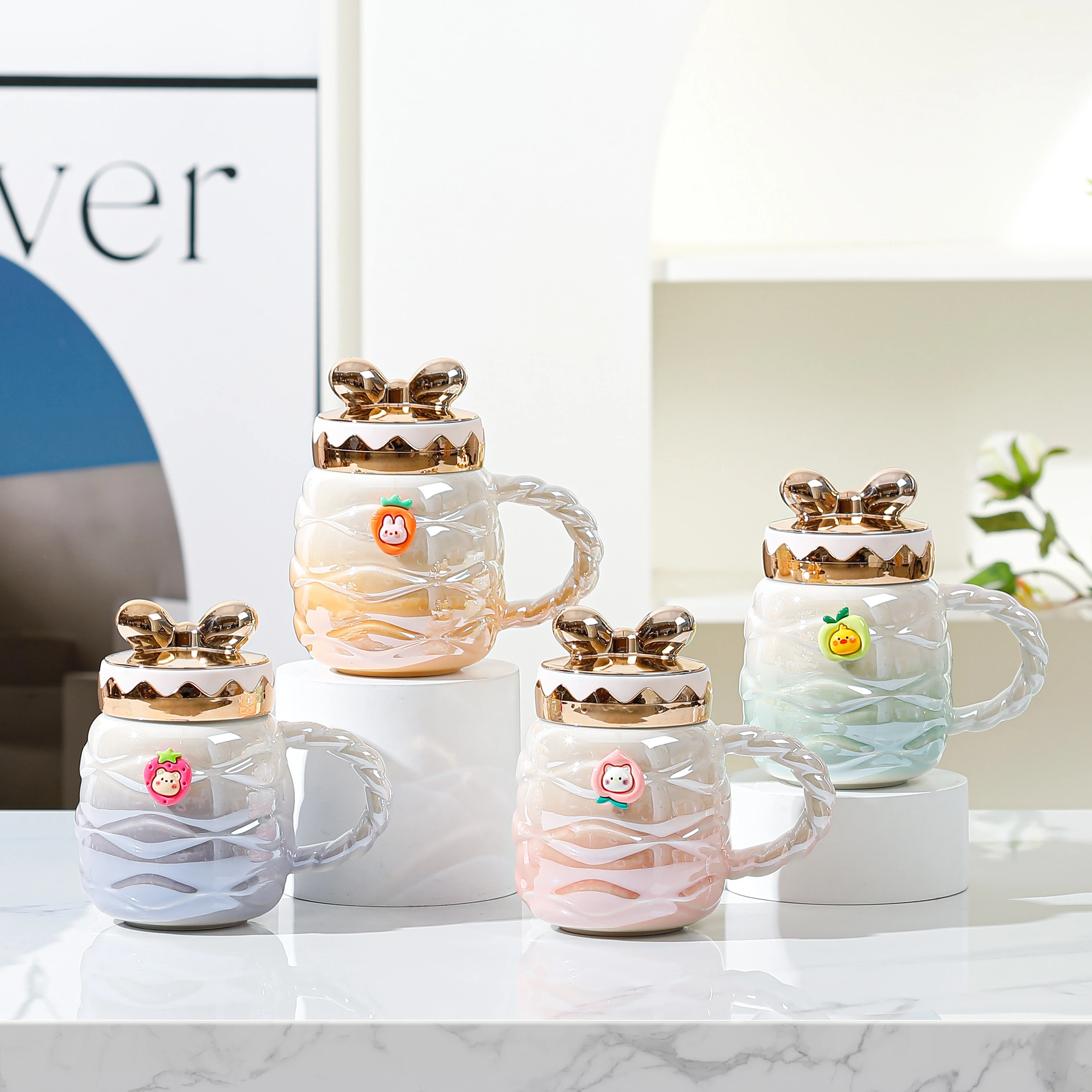 Creativity Bow Knot Colorful Pearl Glaze Ceramic Coffee Travel Mug With Lid