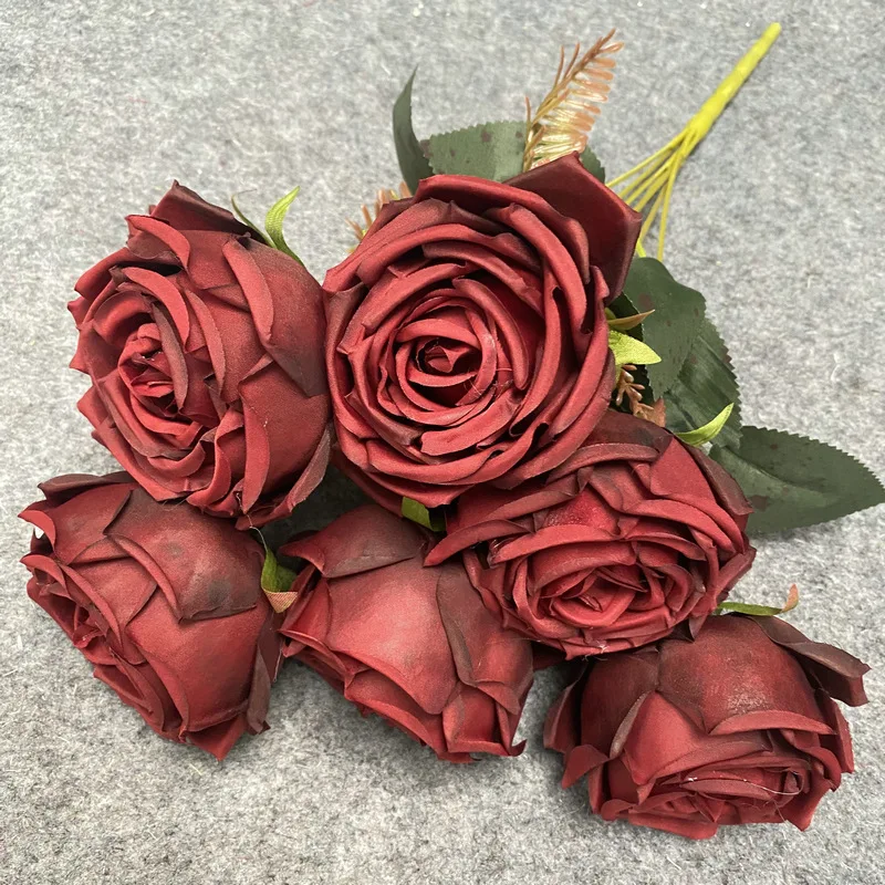 Wholesale Hot Sale Artificial Silk Dusty Rust Rose Flowers 7 heads For Wedding Decor Pink Autumn Color