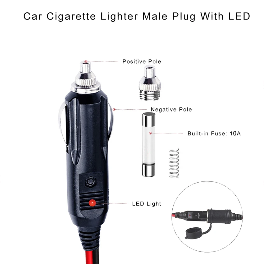 12V Car Charger Socket Light Extension Cable USB Power Plug Adapter Male Female 24V Fuse 10A Cigarette Lighter Charging 12-24V