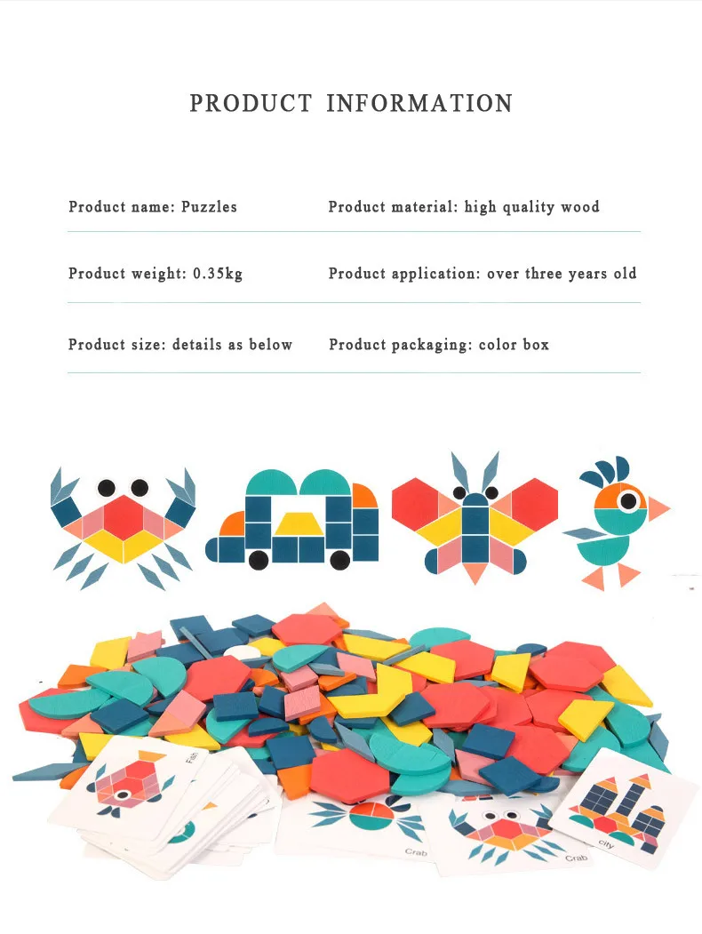 Hot Sell Kids Learning Child Cards wooden Toys 180PCS Creative Shape children Puzzles tangram