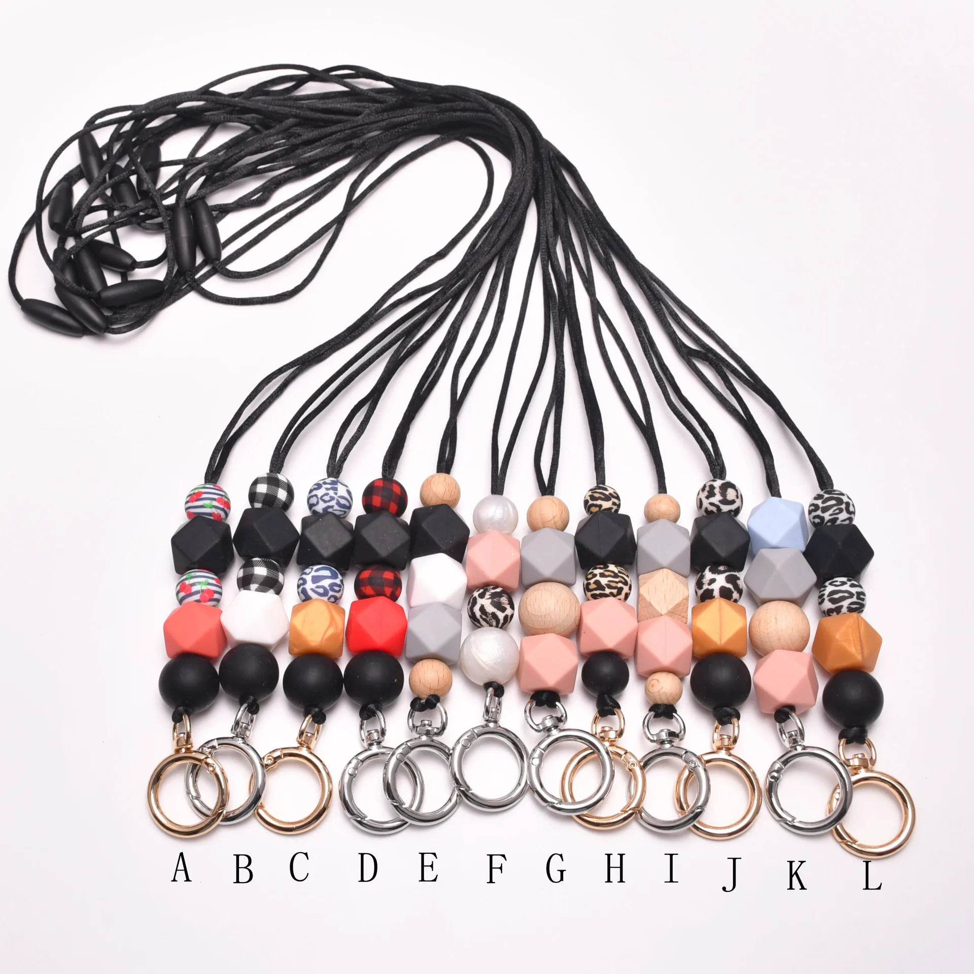 Leopard Print Silicone Round Bead Keychain Long Rope Hanging White K Hanging Card Black Lanyard