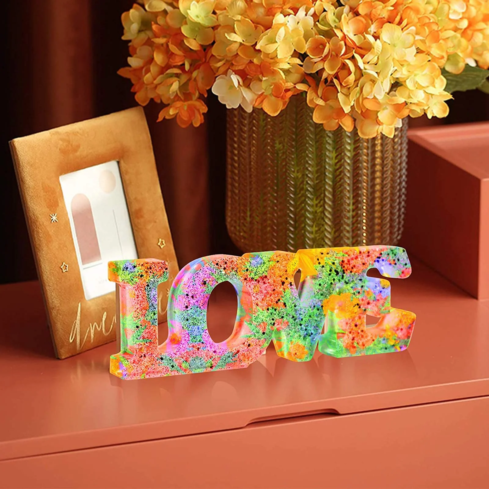 Love Silicone Resin Mould, Live/Love/Laugh Character Epoxy Casting Mould with 24 Colorful Sequins, DIY Craft Resin Supplies for