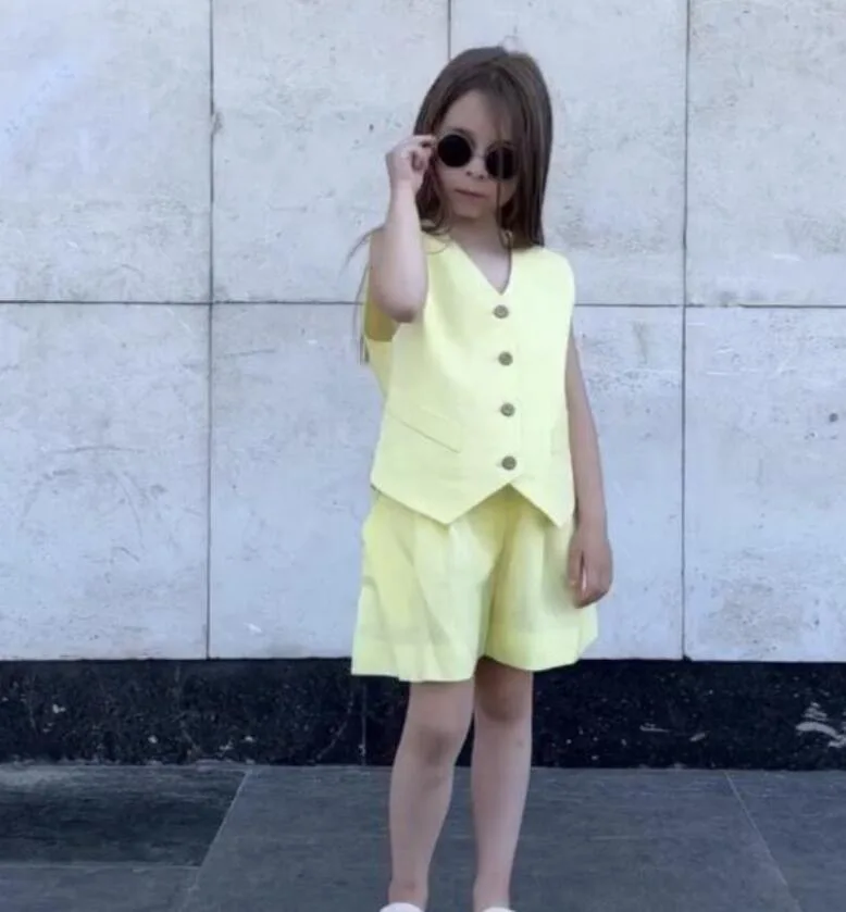 Custom Russia Australia Linen Kids Suits Summer Sleeveless Vest Shorts 2 Pieces Kids Girls Outfits