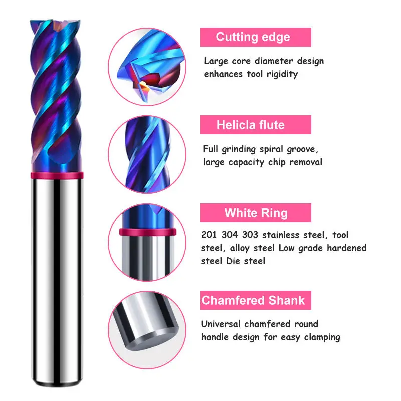 Endmills Color-Ring Blue Nano Coating Steel Carbide Flat bottom Milling Cutter For CNC Mechanical