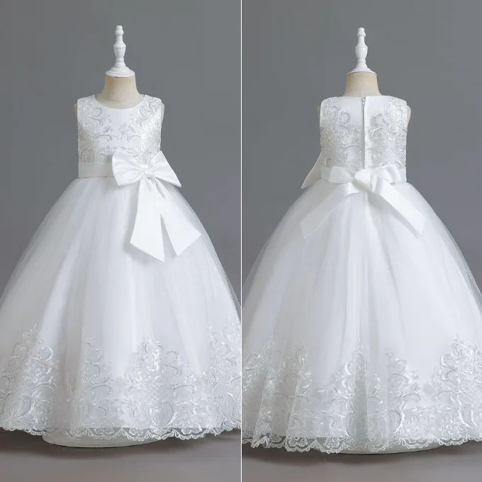 Elegant Cute Kids Dress Mesh Lace Embroidery Performance Princess Dress Bow Wedding Flower Girl Tulle Party Dress Girls