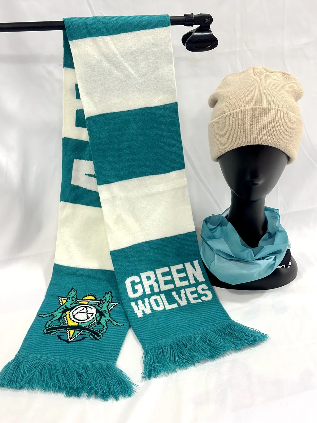 Weather forecast company emblem and character avatar knitted jacquard acrylic beanie hat and muffler  scarf