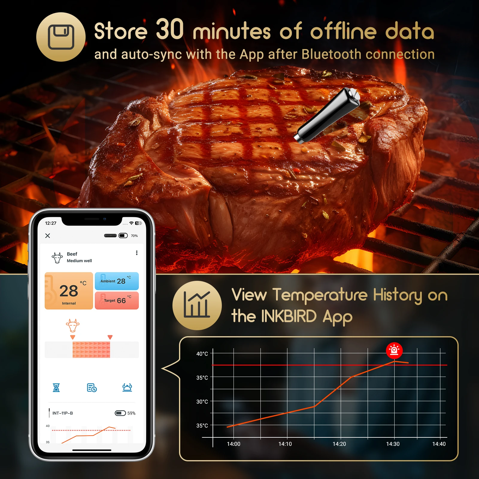 INKBIRD INT-11P-B 300ft Wireless Digital LED Meat grilling Oven thermometer with two probes BT 5.0 smart food thermometer