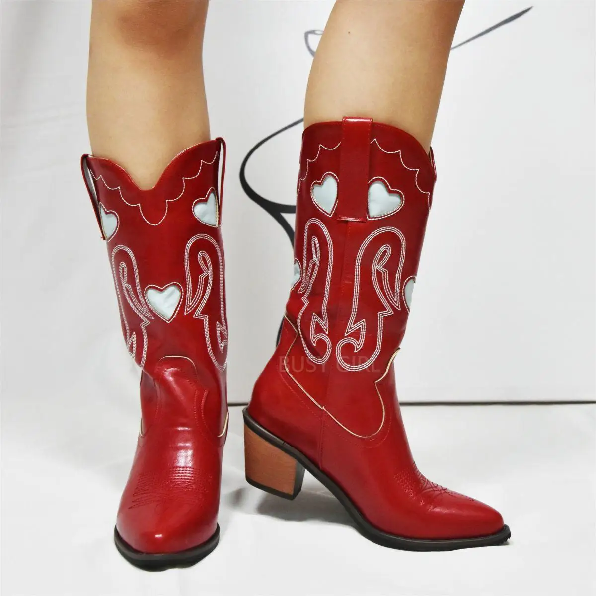 BUSY GIRL XYF4838 knee high boots ladies leather embroidery heart block heels size 11 party dress shoes cowboy boots for women