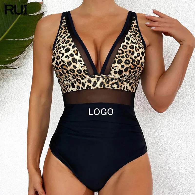 Factory Custom 2024 Girls Bikini Leopard Camouflage Bathing Suit Sexy Mesh Swimwear Beachwear One Piece Swimsuits for Women