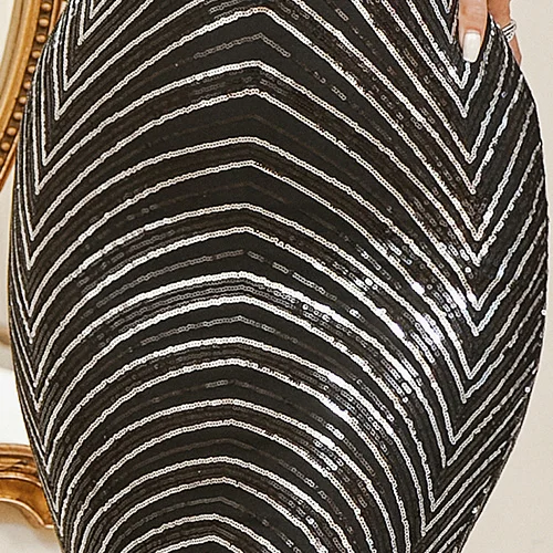 V-Neck Long Sleeve Stripe Sequin Garden Party Expensive Black Evening Evening Dresses Black Modern