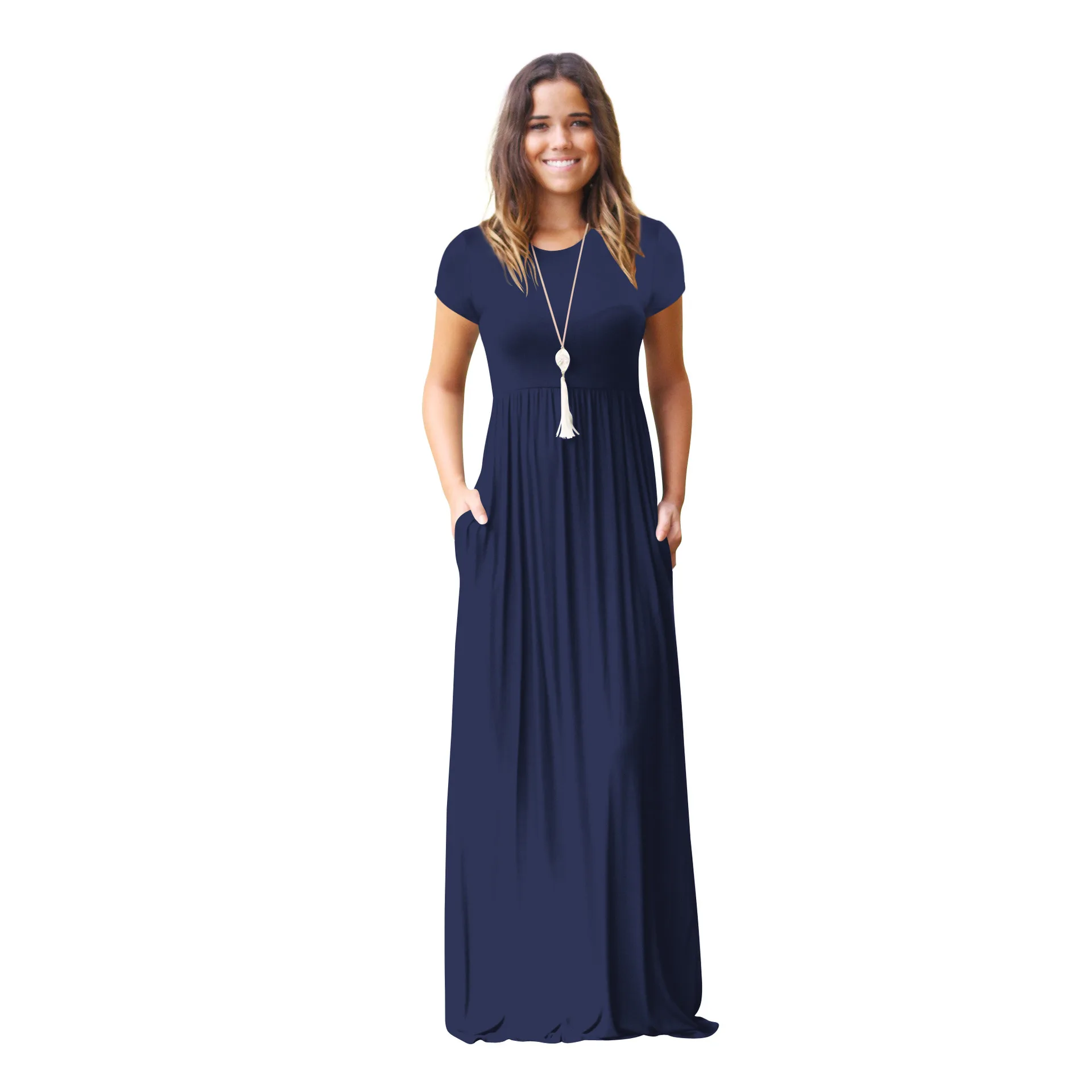 Allure Women Short Sleeve Loose Swing Plain Long Maxi Casual Dress With Pockets