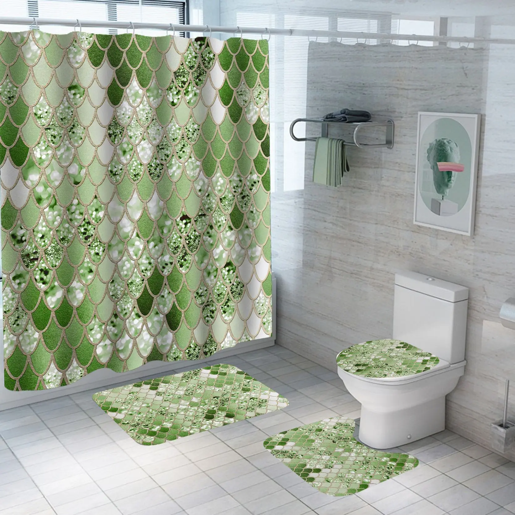 Factory Price Eco-Friendly Polyester Diamond Print Waterproof Shower Curtain Set with Non-Slip Bathroom Rugs Mats for Bathrooms